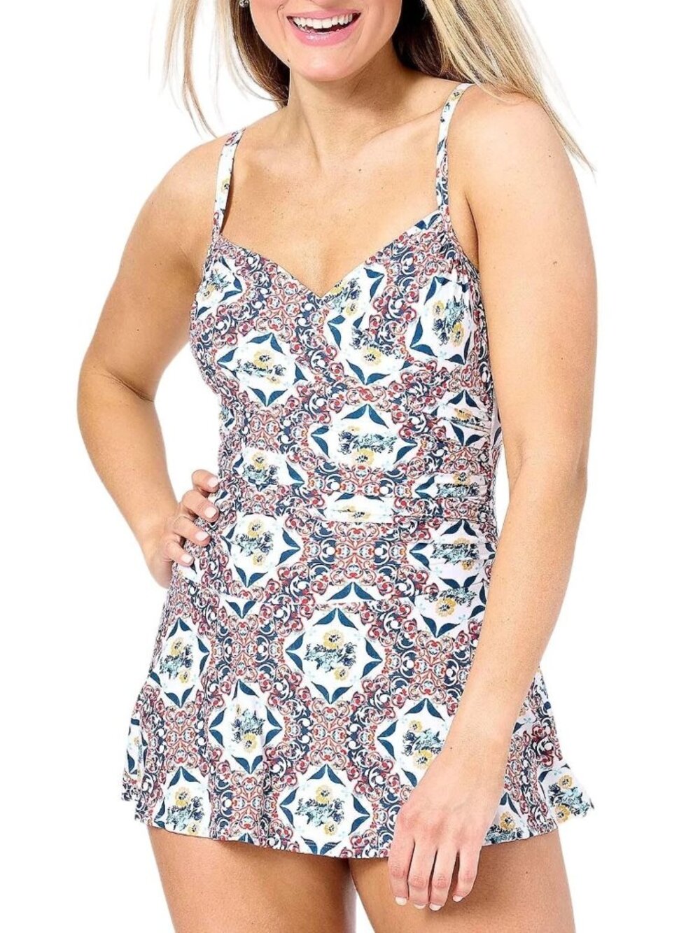 Jantzen Swim Dress Size 14 Flirty Wrap Front Multicolor Ceramic Resort Beachwear